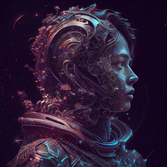 cybernetic cyberpunk astronaut, adorned with detailed bioluminescent designs, floating in the vast expanse of outer space, surrounded by many glowing and twinkling stars.