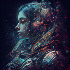 cybernetic cyberpunk astronaut, adorned with detailed bioluminescent designs, floating in the vast expanse of outer space, surrounded by many glowing and twinkling stars.