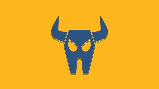 Blue Buffalo skull icon isolated on orange background. 4K Video motion graphic animation