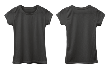 Female woman child kids blank black shirt template mock up, front and back t-shirt flat lay design isolated