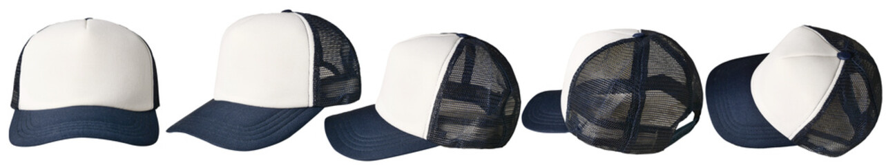 Set of blue and white trucker cap hat mockup template collection, various angle isolated cut out...