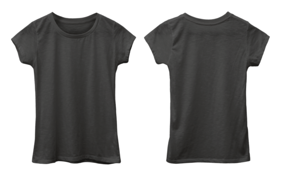 Female woman child kids blank black shirt template mock up, front and back t-shirt flat lay design isolated