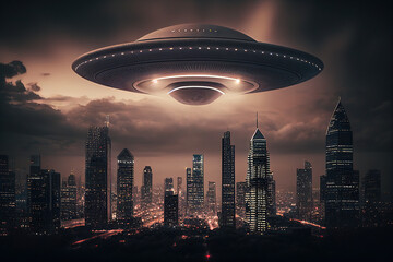 UFO flying saucer hovering above city, generative AI