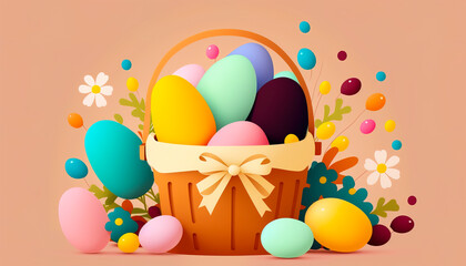 An elegant Easter basket featuring intricately designed eggs, scrumptious treats, and lush greenery, offering a delightful surprise to loved ones during the holiday - ai generated