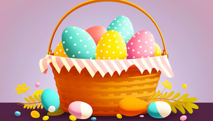 Basket with eggs - A mouth-watering Easter basket filled with delectable food items, from savory meats and cheeses to sweet desserts, providing - ai generated