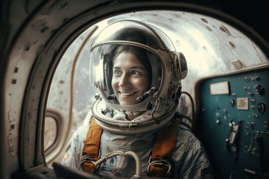 Happy female astronaut at space station, generative AI