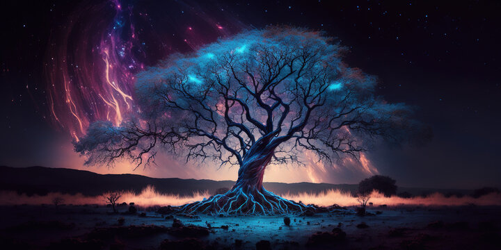 Beautiful sacred Yggdrasil tree of life. Generative art.