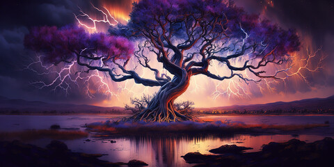 Yggdrasil tree of life. Source of life and energy for the universe. Mystical and legendary tree of life. Nordic or norse mythology. Spiritual beliefs. Generative art.