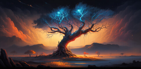 Yggdrasil tree of life. Source of life and energy for the universe. Mystical and legendary tree of life. Nordic or norse mythology. Spiritual belief. ornage and blue color scheme. Generative art.