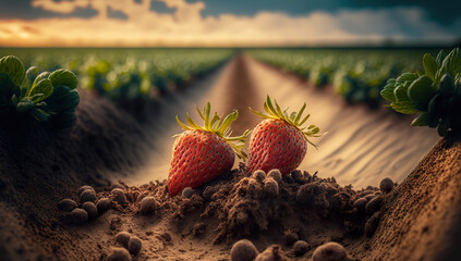 Illustration - Frische BIO Erdbeeren nach der Ernte auf dem Feld. Selbst Erdbeeren pflücken auf dem Erdbeerfeld. Ernten auf dem Bauernhof. Düngern und automatische Erntehelfer