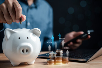 Businessman saving money in piggybank goal achievement chart graph and arrows. Funds and stock Investment profits. assets, wealth, lucrative. Purchase insurance and investing for retirement.