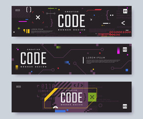 Computer programming banner design with place for text. Coding and software development web banner concept. Abstract digital technology background for IT business. Vector illustration. - obrazy, fototapety, plakaty