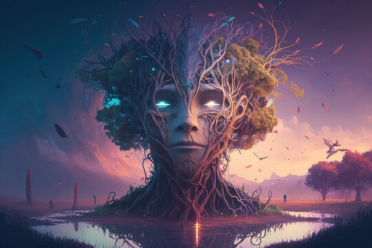 Fantasy human head-shaped yggrasil tree that is both mystical and alive. God's concept art. Myths pertaining to religion. imaginative job. Creative work