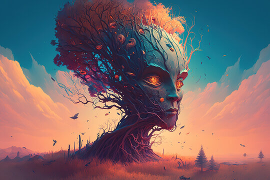 Fantasy yggrasil tree in the form of a human head that is both mystical and alive. concept art of God. religion-related myths. Creative work. Generative art