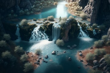 Fototapeta na wymiar A Majestic View from Above: Cascading Waterfalls and Enchanting Forest, generative ai