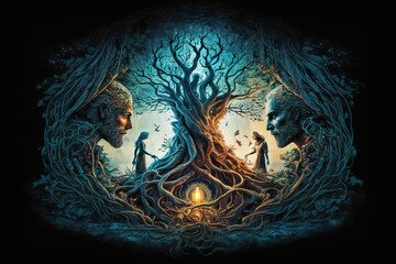 women tending to roots of a large mystical Yggdrasil tree of life. Nordic mythology. Generative art