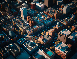panoramic aerial cityscape view, urban skyline with skyscrapers and city lights, drone photography, generative AI