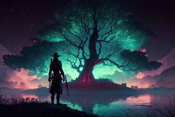 samurai warrior standing infront of Mystical yggrasil tree in the middle of the lake. Nordic mythology. Generative art