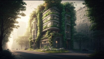 Naklejka premium The Arboreal City: A Cityscape Enveloped by a Canopy of Trees and Shrubs, AI Generative