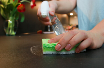 close up of woman cleaning with spray and sponge the bar surface in the kitchen