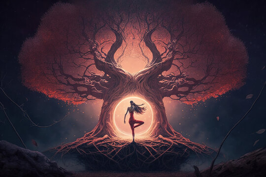 woman in yoga pose infront of yggdrasil tree of life. Generative art