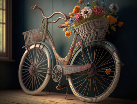 Vintage bicycle with a charming bouquet of flowers in the basket, retro outdoor lifestyle, generative AI