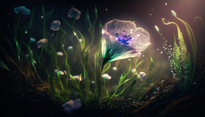 Obraz na płótnie Canvas Beautiful Lisianthus Flower Glowing in the dark with sparkles in the air, magical atmosphere in a grass patch at the edge of a forest at night, abstract concept . Generative AI