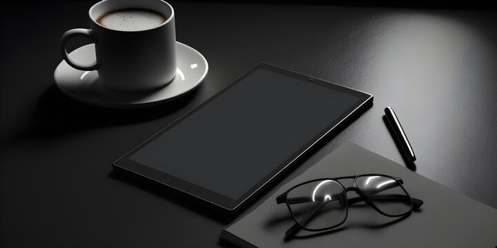 minimal tablet digital mockup coffee glasses pen blac