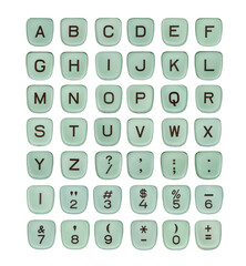 Complete set of vintage green typewriter letter keys with cut out background.