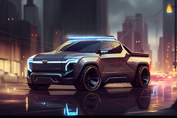 Fototapeta premium New electric and futuristic luxury pickup truck. Bright neon headlights. Generative AI.