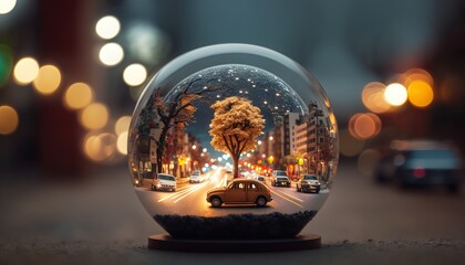 Snow globe world. Urban scenes. Generative AI.