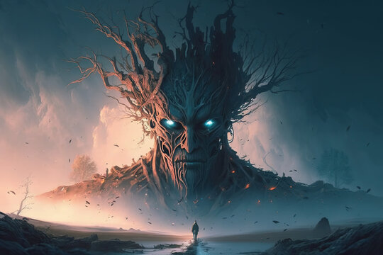 Human Yggdrasil tree. Angry tree. Sentient tree mystical ancient mythology. Nordic culture and Halloween. Generative ai