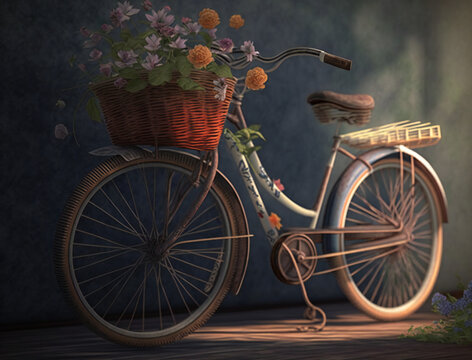 Vintage bicycle with floral basket, retro bike ride with flowers, generative AI