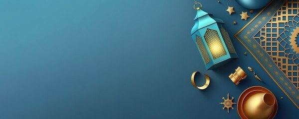3d Islamic holiday banner. Top view illustration of Ramadan decoration on blue pattern table, including lantern, coffee pot and the holy Quran. copy space for text  by ai generative