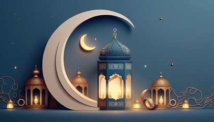 3d modern Islamic holiday banner, suitable for Ramadan, Raya Hari, Eid al Adha and Mawlid. A lit up lantern and crescent moon decor on serene evening blue background., copy space by ai generative
