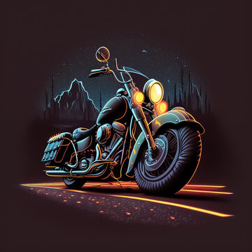 cartoon motorcycle american on an empty road at dark black background. Created with Generative AI technology.