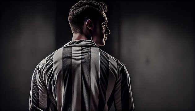 Young man wearing striped robe in prison close up portrait