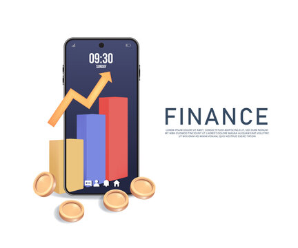 3D Bar Graph Of Steps From Low To High Showing Progress Results And There Is A Dollar Coin On Top And All Over The Place On A Dollar Bill With A Smartphone.