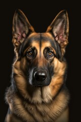German shepherd dog portrait isolated on a black background illustrated using generative Ai