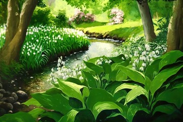 Obraz premium Lily of the Valley, Beautiful flowers, A tranquil garden with a babbling brook, Calm and peaceful, Serene and relaxing, Soft, natural light that filters through the trees