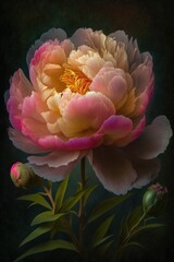 Peony, Beautiful flowers, A lush garden in full bloom with a variety of flowers, The mood is peaceful and serene, The atmosphere is vibrant and alive, The lighting is soft and warm, casting a golden 