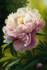 Peony, Beautiful flowers, A lush garden in full bloom with a variety of flowers, The mood is peaceful and serene, The atmosphere is vibrant and alive, The lighting is soft and warm, casting a golden 