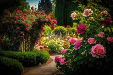 Rose, A Garden of Beautiful Roses, A garden filled with a variety of roses in full bloom, creating a stunning display of color and fragrance.