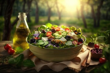 Salad, A Vibrant Salad Bursting with Fresh Flavors and Colors, A Picnic in a Lush Green Park, A Joyful and Festive Mood, Warm and Inviting, Golden Hour Lighting Effect 