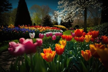 [Tulip], [Beautiful flowers], A vibrant garden of colorful tulips stretches out as far as the eye can see, their petals soft to the touch and their scent sweet and fragrant.