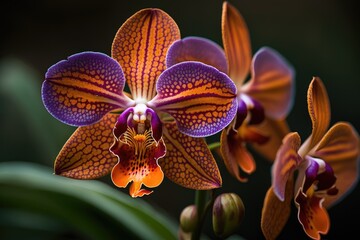 Vanda orchid, a delicate and exotic flower native to Southeast Asia, with vibrant colors and intricate patterns on its petals. 
