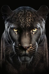Portrait of a black panther black leopard isolated on a black background illustrated using generative Ai