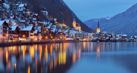 Hallstatt. Scenic view of the city and the lake at sunset.