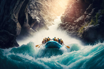 A group of people rafting on a swift river, with waves and waterfalls in the background, illustration - Generative AI - obrazy, fototapety, plakaty