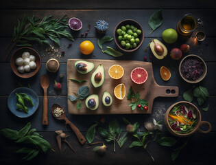Colorful flat lay of fresh and healthy food on rustic wooden table, top view, healthy lifestyle and clean eating concept, generative AI